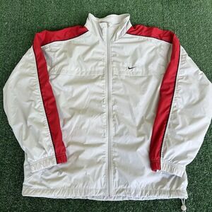 VTG Y2K Men's Light Gray Red Navy Blue Baggy Windbreaker Full Zip Jacket Large